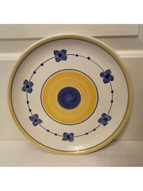 CALECA MARINA 11” DINNER PLATE BLUE FLOWER WHITE YELLOW HAND PAINTED ITALY HOME